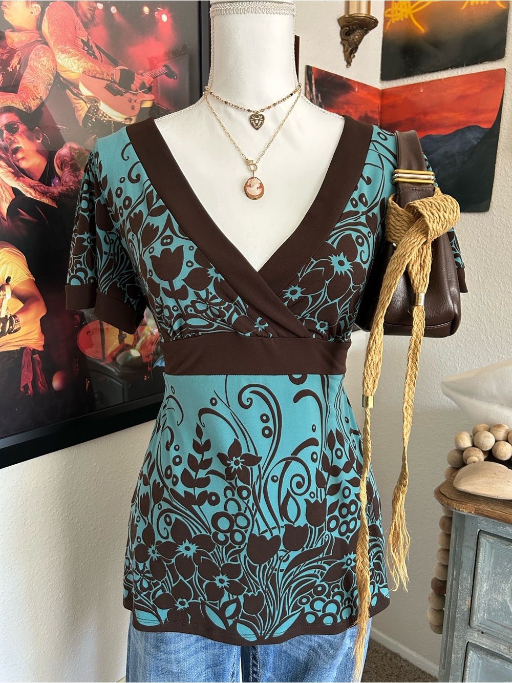 Vintage Y2K Babydoll Top Size M Fairycore Brown Teal Floral Tie Back Slinky Wrap